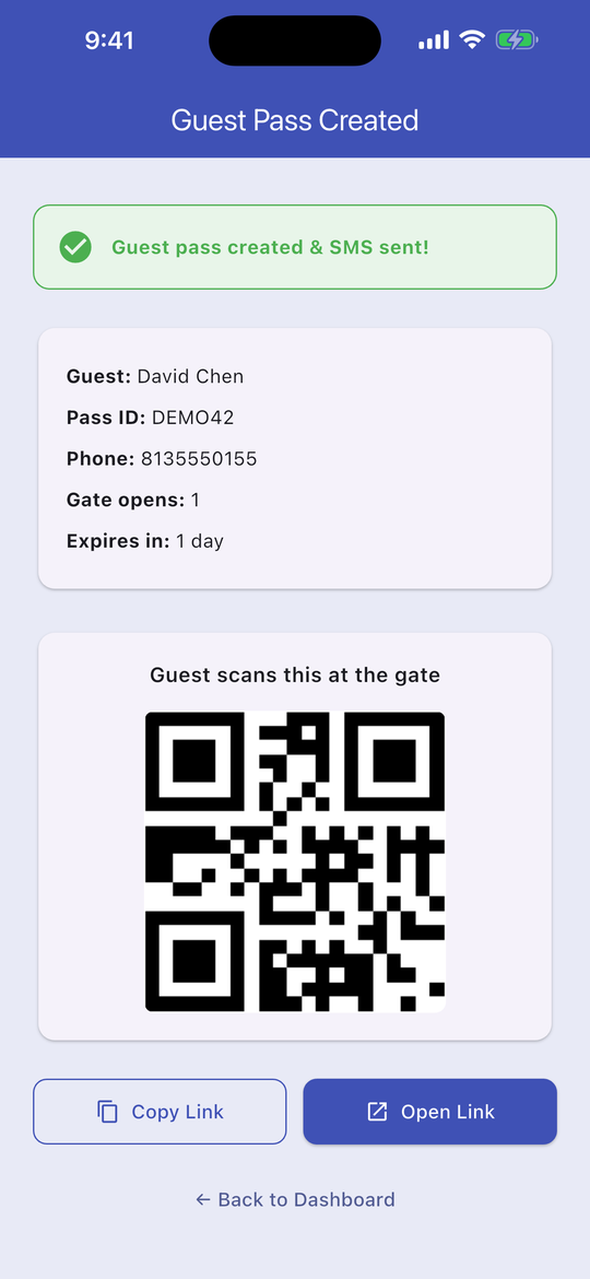 Guest Pass Created confirmation screen